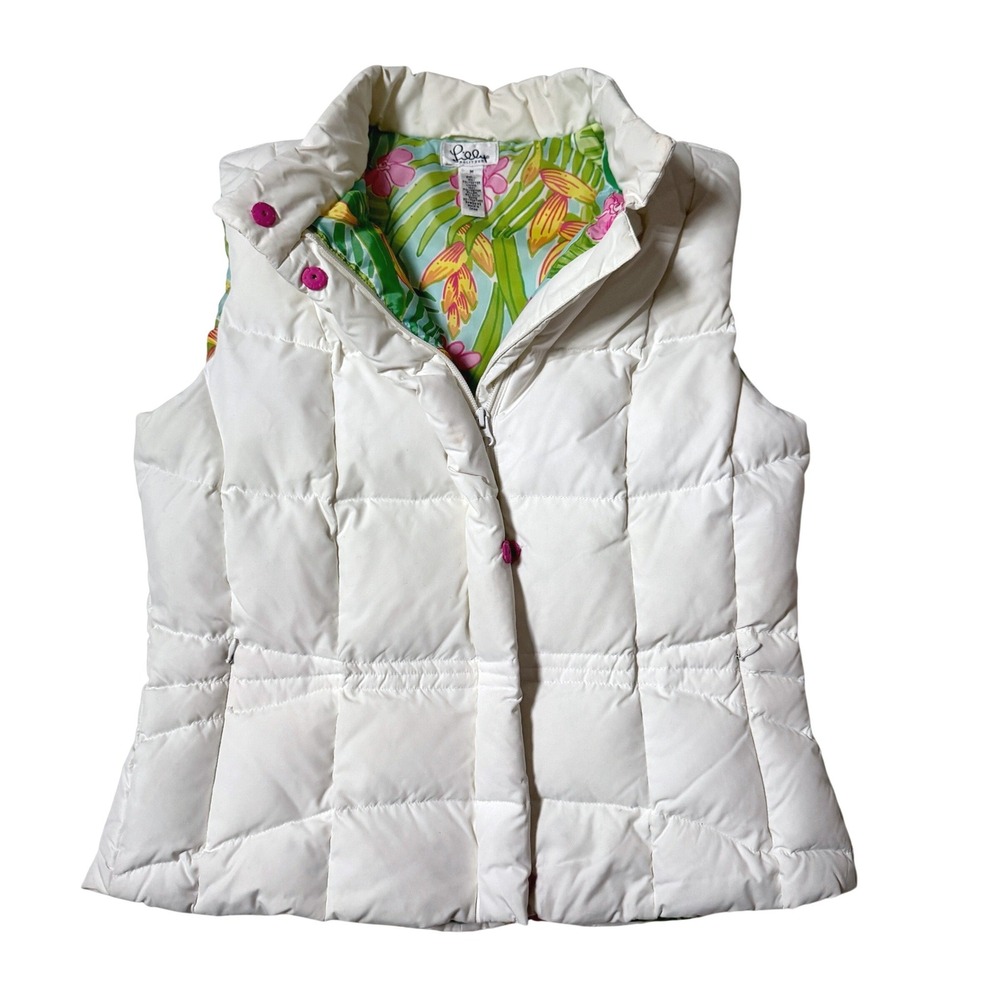 Lilly Pulitzer Puffer Vest Medium White Duck Down Feather Quilted Full Zip